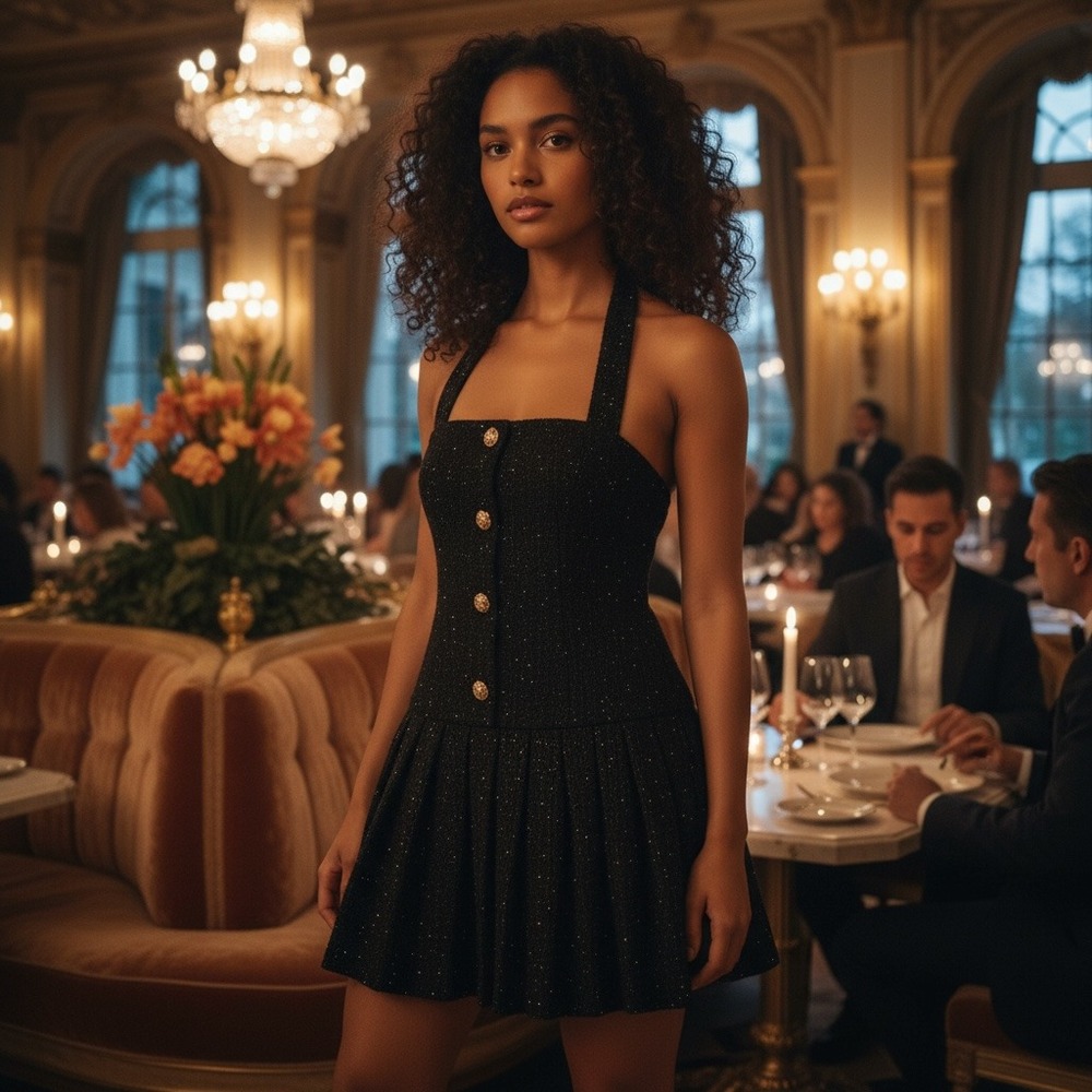 Heiress‎ Beverly Hills Black Tweed Flare Mini Dress Gold Buttons - Size Small